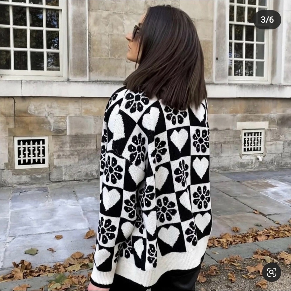 ZARA WOMAN JACQUARD KNIT CARDIGAN HEART FLORAL BLACK WHITE S - Picture 10 of 12